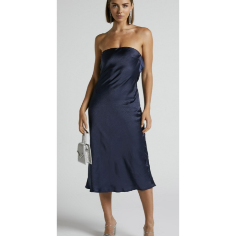 Showpo Navy Strapless Satin Midi Dress